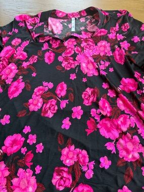 Women's Black Tunic Blouse with Bright Pink Floral Print
